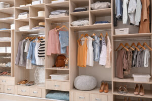 Stylish clothes, shoes and accessories in large wardrobe closet