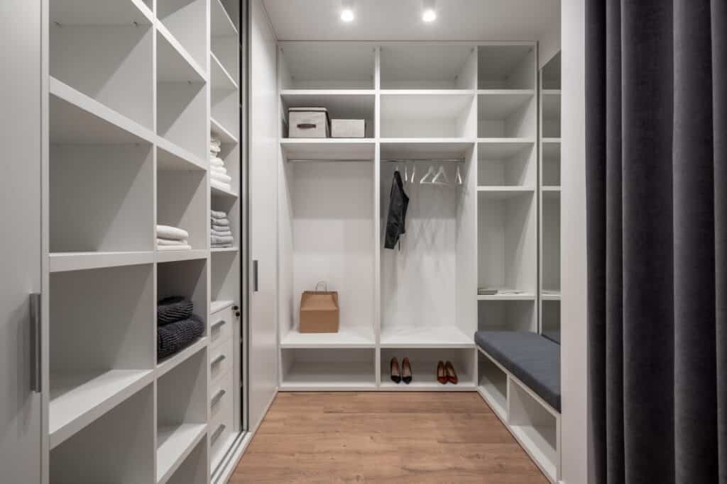 Stylish modern dressing room in light tones