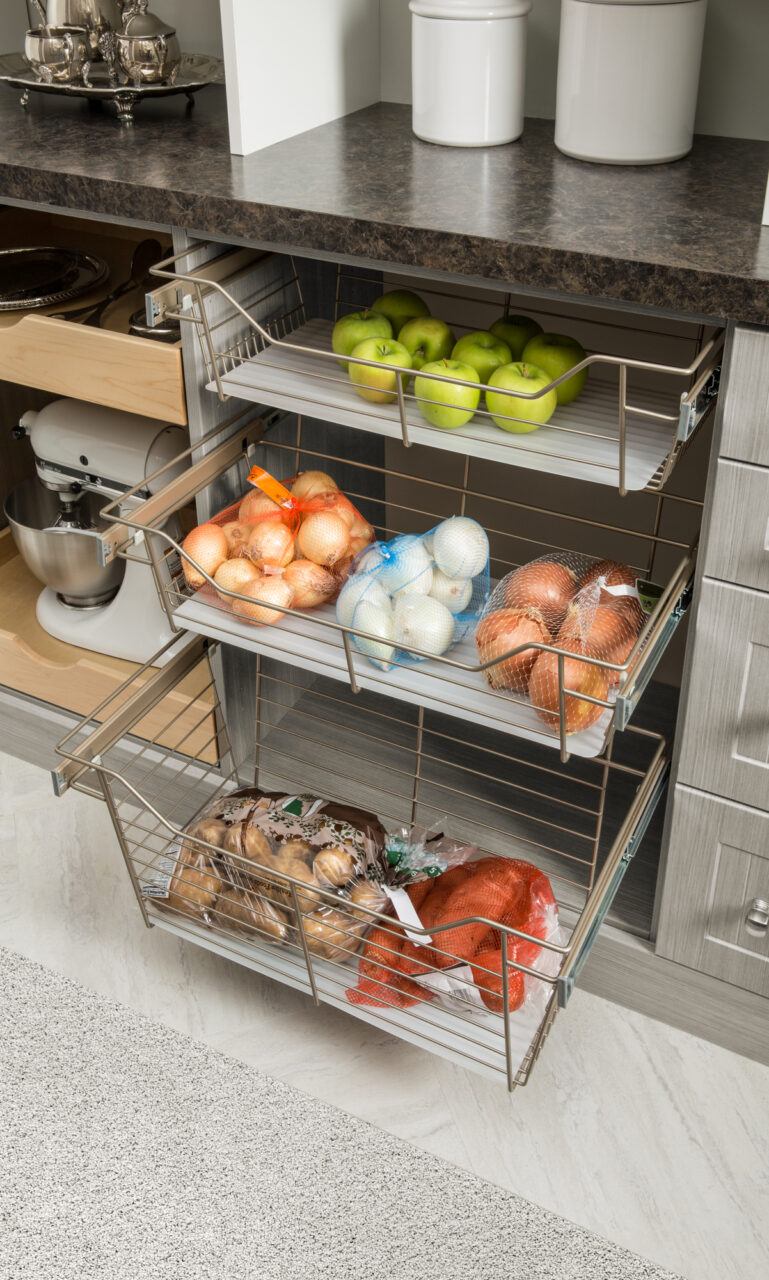 wire baskets, countertop, pull out drawers