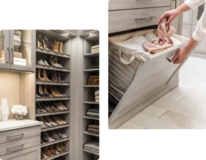 Closet with organized shelves of shoes and folded clothes, alongside a hand placing clothes into a pull-out laundry hamper—showcasing smart closet systems for efficient storage. Closet Concepts of Grand Rapids