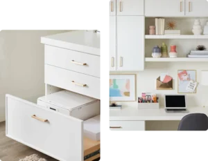 Side-by-side images of a white office setup: left shows drawers with a printer inside, right features a desk with shelves—highlighting how closet concepts can seamlessly organize your workspace. Closet Concepts of Grand Rapids