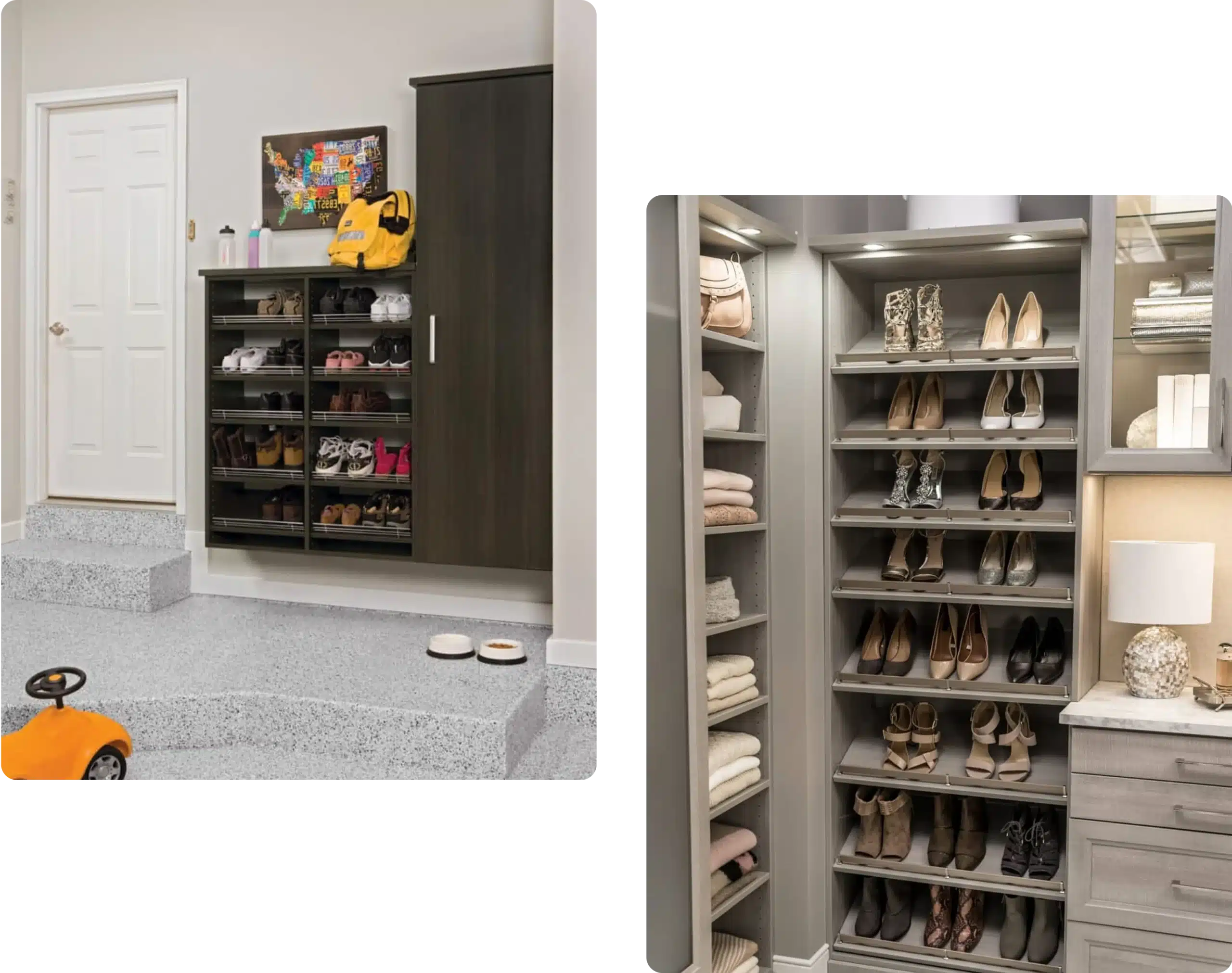 Left image: Shoe storage shelves in a garage with various shoes and accessories. Right image: Closet concepts showcase organized shelves with shoes and folded clothes for efficient use of space. Closet Concepts of Grand Rapids