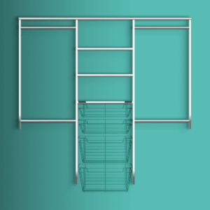 Metal closet organizer system with four horizontal rods, three shelves in the center, and three wire baskets—a stylish example of modern closet systems—mounted on a teal wall. Closet Concepts of Grand Rapids