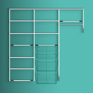 White metal closet organizer system with shelves, wire baskets, and a hanging rod mounted on a teal wall—an ideal closet storage solution for any reach in closet. Closet Concepts of Grand Rapids