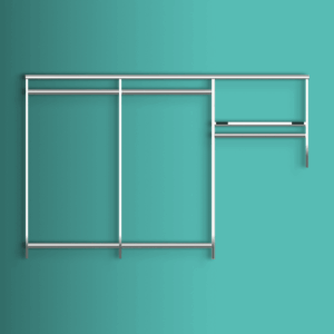 A minimalist metal clothing rack with two hanging sections and a small shelf offers sleek closet storage, perfect for enhancing reach in closet concepts on a teal wall. Closet Concepts of Grand Rapids