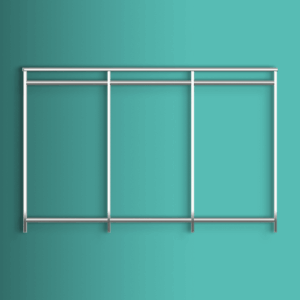 Metal railings mounted on a teal wall, forming three rectangular sections with vertical and horizontal bars, offer a sleek option for closet storage or organization as part of modern closet systems. Closet Concepts of Grand Rapids