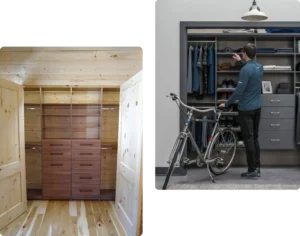 Split image: Left shows an empty wooden closet with shelves and drawers; right features a person organizing clothes and a bicycle in a modern walk in closet with drawers, hanging space, and smart closet systems. Closet Concepts of Grand Rapids