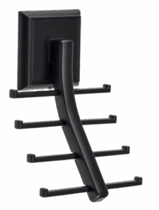 Wall-mounted metal tie and belt rack with six horizontal arms and a central vertical support, ideal for organizing accessories in walk-in closets or as part of modern closet concepts. Closet Concepts of Grand Rapids