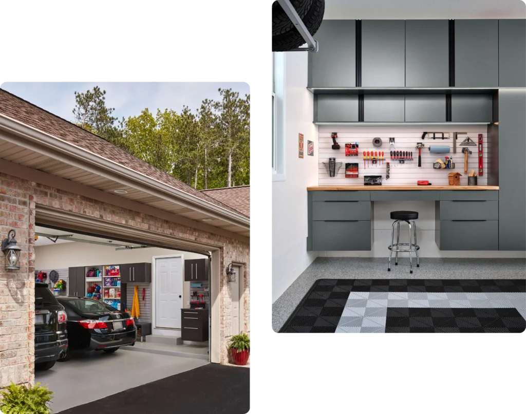 Two images show organized garages with cars, wall-mounted cabinets, workbenches, tools, and storage solutions; one view from outside, the other focused on the workbench area—incorporating clever closet storage and innovative closet concepts. Closet Concepts of Grand Rapids