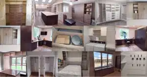 Collage of custom-built home storage solutions, featuring closet concepts, kitchen cabinets, laundry room shelving, walk-in closets, workspaces, murphy beds, and drawer organizers in various rooms. Closet Concepts of Grand Rapids