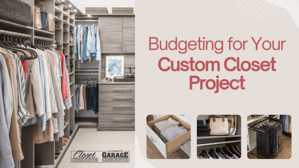 A modern custom closet with hanging clothes, shelves, and drawers is shown next to the text "Budgeting for Your Custom Closet Project" with three small detail photos at the bottom. Closet Concepts of Grand Rapids