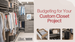 A modern custom closet with hanging clothes, shelves, and drawers is shown next to the text "Budgeting for Your Custom Closet Project" with three small detail photos at the bottom. Closet Concepts of Grand Rapids