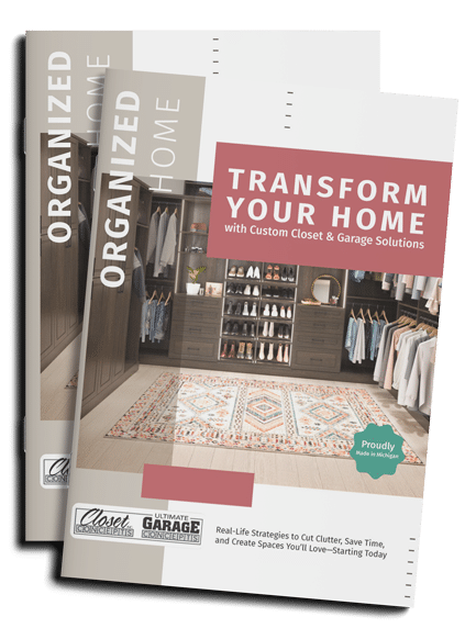 Two overlapping brochures; the front one shows a custom closet with shelves and text reading "Transform Your Home with Custom Closet & Garage Solutions. Closet Concepts of Grand Rapids