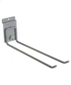 A gray metal wall-mounted utility hook with two prongs, designed for hanging or storing items, attached to a backing plate with a screw. Closet Concepts of Grand Rapids