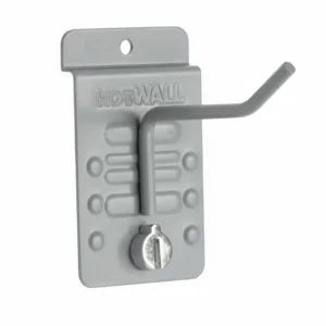 Gray metal wall hook with an angled arm and a flat mounting plate labeled "HOTWALL," featuring a screw for securing the hook. Closet Concepts of Grand Rapids