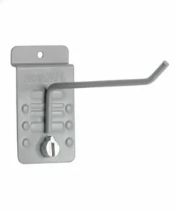 Gray metal wall mount peg hook with an angled arm and a locking screw knob, attached to a labeled rectangular backplate. Closet Concepts of Grand Rapids