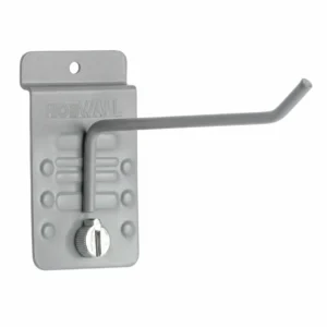Gray metal wall mount peg hook with an angled arm and a locking screw knob, attached to a labeled rectangular backplate. Closet Concepts of Grand Rapids
