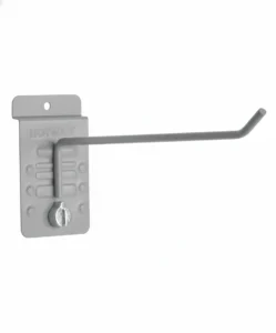 A gray metal wall-mounted hook with a long arm and screw attachment, designed for hanging items. Closet Concepts of Grand Rapids