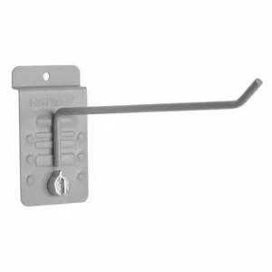 A gray metal wall-mounted hook with a long arm and screw attachment, designed for hanging items. Closet Concepts of Grand Rapids