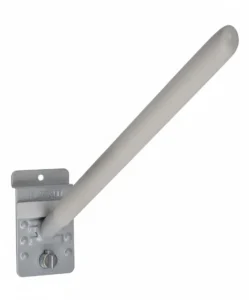 A metal wall-mounted bracket with a long cylindrical rod extending outward at an upward angle. Closet Concepts of Grand Rapids