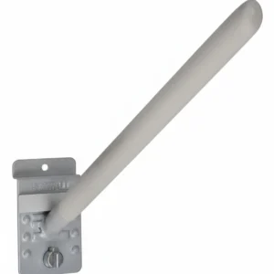 A metal wall-mounted bracket with a long cylindrical rod extending outward at an upward angle. Closet Concepts of Grand Rapids