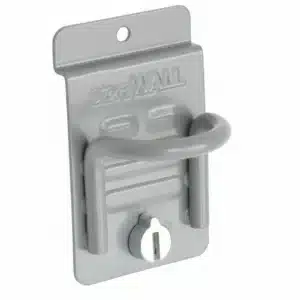 A metal wall hook with a locking mechanism and "storeWALL" branding, designed for secure mounting on a flat surface. Closet Concepts of Grand Rapids