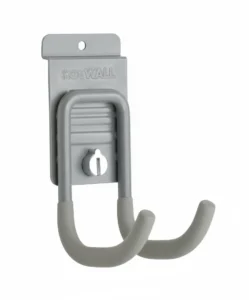 A gray metal wall-mounted hook with two curved prongs, designed for hanging items, attached to a rectangular backing plate. Closet Concepts of Grand Rapids