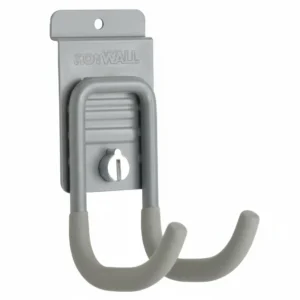 A gray metal wall-mounted hook with two curved prongs, designed for hanging items, attached to a rectangular backing plate. Closet Concepts of Grand Rapids