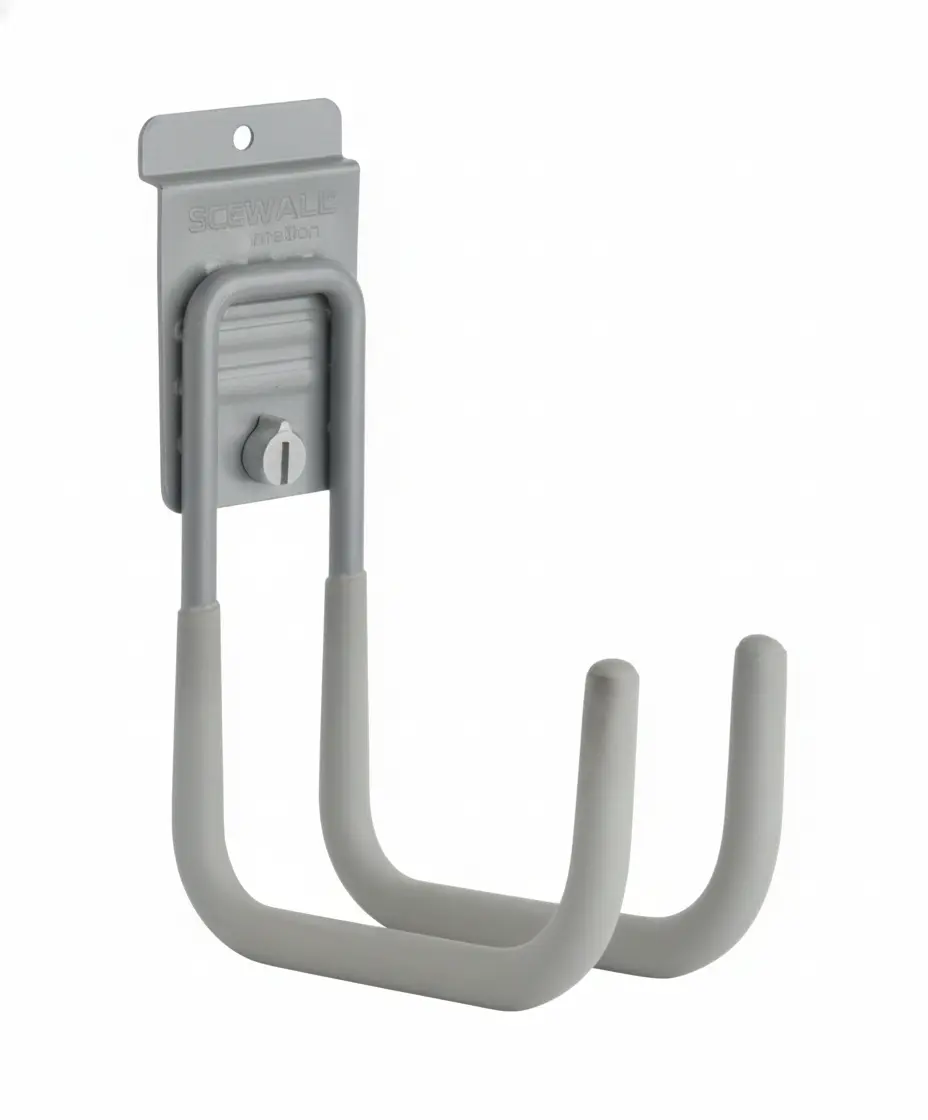 Gray wall-mounted utility hook with two padded prongs designed for holding items such as tools or sports equipment. Closet Concepts of Grand Rapids