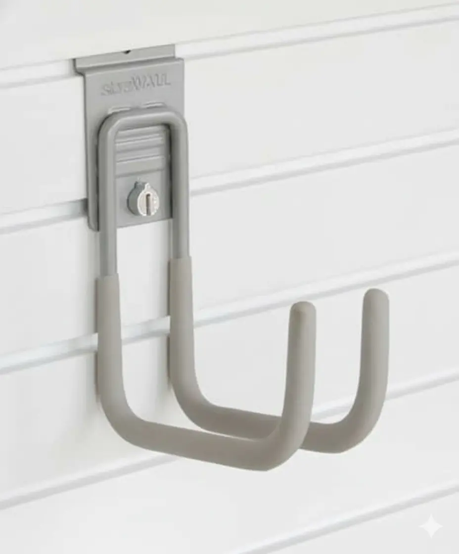 Gray double hook mounted on a white slatwall panel, designed for organizing or storing items such as tools or equipment. Closet Concepts of Grand Rapids