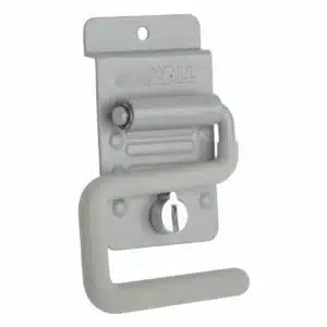 A metal storeWALL utility hook with a gray plastic coating, mounted on a flat backing plate with a screw and keyhole slot for installation. Closet Concepts of Grand Rapids