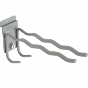 Gray metal wall-mounted storage hook with two wavy prongs and a mounting plate, designed for hanging items like tools or equipment. Closet Concepts of Grand Rapids