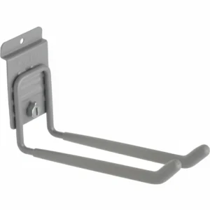 Gray metal wall-mounted utility hook with two parallel arms, designed for holding or organizing items such as tools or hoses. Closet Concepts of Grand Rapids