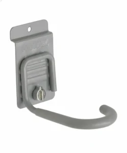 A gray metal wall-mounted storage hook with a screw fastener, designed for holding tools or other items. Closet Concepts of Grand Rapids