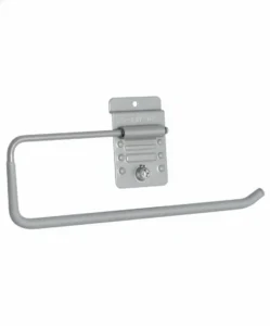A wall-mounted, silver metal paper towel holder with a horizontal arm and a flat back plate for installation. Closet Concepts of Grand Rapids