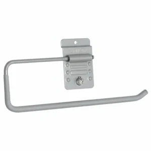 A wall-mounted, silver metal paper towel holder with a horizontal arm and a flat back plate for installation. Closet Concepts of Grand Rapids