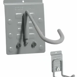Two types of gray metal wall-mounted storage hooks are shown, one with a single large curved hook and one with two smaller parallel hooks. Closet Concepts of Grand Rapids