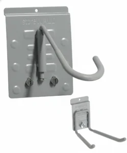 A grey metal wall mount with a single curved hook and a separate image showing a double-prong hook, both attached to square backplates labeled "storeWALL. Closet Concepts of Grand Rapids