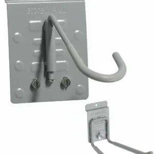 A grey metal wall mount with a single curved hook and a separate image showing a double-prong hook, both attached to square backplates labeled "storeWALL. Closet Concepts of Grand Rapids