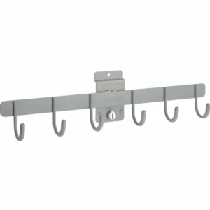A gray metal wall-mounted rack with six hooks and a central mounting bracket. Closet Concepts of Grand Rapids