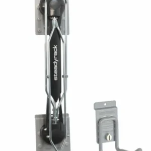 Wall-mounted bike storage rack with a black and silver frame labeled "Steadyrack," next to a gray wall hook with a lockable clasp. Closet Concepts of Grand Rapids