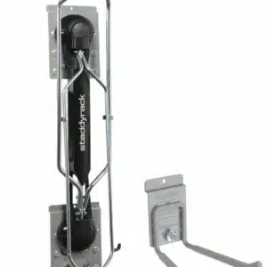 Two metal wall-mounted storage racks: one vertical bike rack with a locking arm and one dual-arm utility hook. Closet Concepts of Grand Rapids