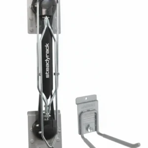 Two wall-mounted bike racks: one vertical Steadyrack with a black center panel, and one smaller silver hook rack, both attached to a white wall. Closet Concepts of Grand Rapids