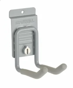 Gray metal wall hook with two white-coated prongs, mounted on a rectangular backplate labeled "storeWALL," designed for hanging items on a wall. Closet Concepts of Grand Rapids