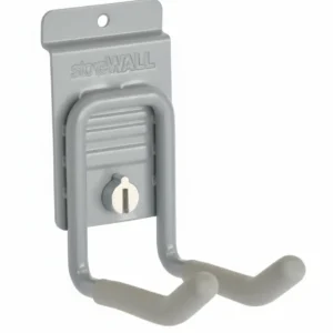 Gray metal wall hook with two white-coated prongs, mounted on a rectangular backplate labeled "storeWALL," designed for hanging items on a wall. Closet Concepts of Grand Rapids