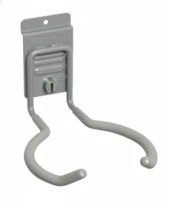 Gray metal wall-mounted utility hook with two curved arms, designed for holding and organizing items such as hoses or cables. Closet Concepts of Grand Rapids