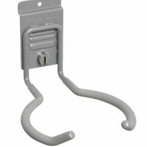 Gray metal wall-mounted utility hook with two curved arms, designed for holding and organizing items such as hoses or cables. Closet Concepts of Grand Rapids