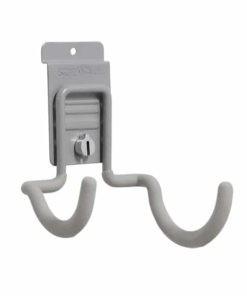 Gray wall-mounted double utility hook with padded arms for hanging items, suitable for garage or storage organization. Closet Concepts of Grand Rapids