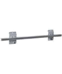 Metal sliding door track with two mounting brackets, designed for supporting and guiding a sliding door. Closet Concepts of Grand Rapids