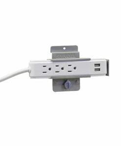 A white power strip with four outlets and two USB ports mounted on a gray wall bracket. Closet Concepts of Grand Rapids